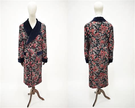 Men's Dark Blue Floral Dressing Gown, Velvet and Silk Smoking Jacket ...