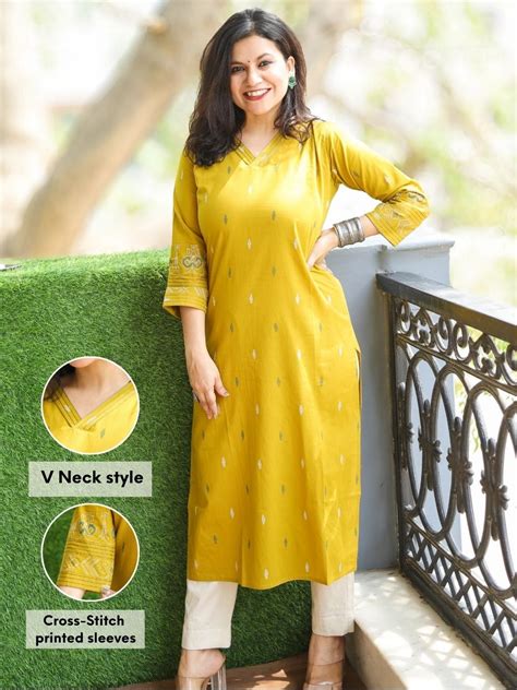 Pankhudi Dandelion Yellow V Neck Printed Work Cotton Kurti ...