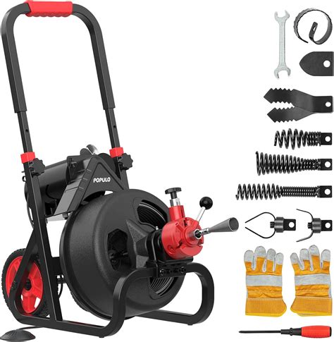 POPULO Auto Feed 75 FT×1/2 Inch Electric Drain Snake With Mobile 8” Wheel,5.8A Drain Auger ...