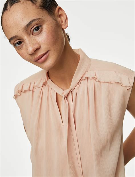 Buy Sheer Tie Neck Frill Detail Blouse at Marks & Spencer