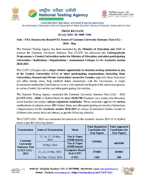 NTA Press Release: CUET (UG) 2024 Scores Declared on 28 July 2024 - Studocu