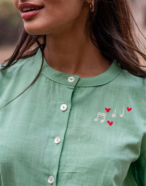 Shop Cotton Pastel Green Embroidered Mandarin Top ~ New Online - B-309-XS