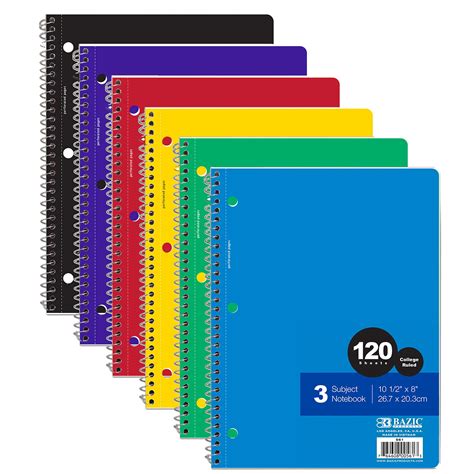 BAZIC College Ruled 3 Subject Spiral Notebooks 120 Sheets, Assorted ...