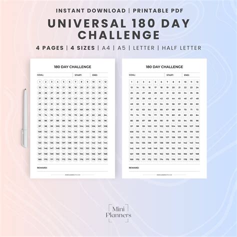 Printable 180 Day Challenge Template With Rewards, Fitness Challenge ...