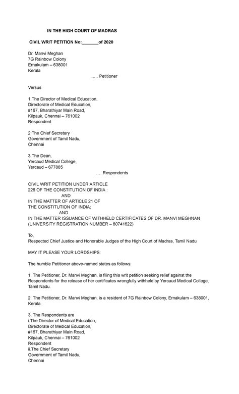 Purvi Dabi.Writ Petition for Release of Certificate - IN THE HIGH COURT ...