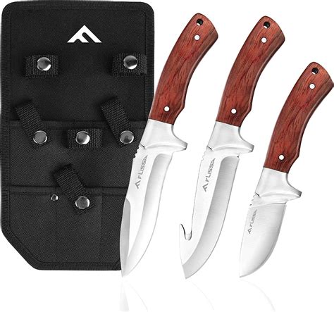 FLISSA 3-Piece Hunting Knife Set, Full Tang, with Fabric Sheath for Outdoor, Camping, Sports ...