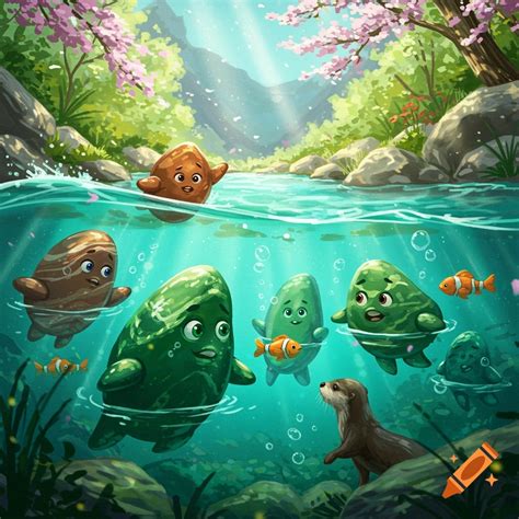 Anthropomorphic rocks, fish, and an otter swim in a clear river under ...