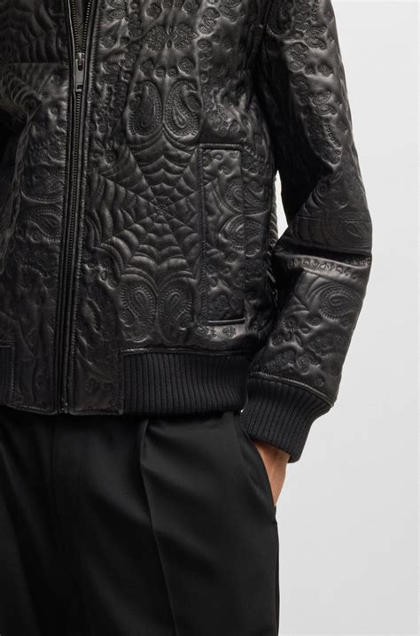 HUGO - Leather jacket with spiderweb and bandana pattern - Black