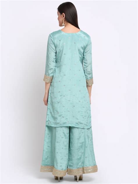 Ocean Blue Embroidered Gotta Short Kurti with Kalidaar Palazzo – anokherang