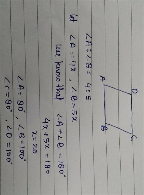 Two adjacent angles of parallelogram are in the ratio 4:5. Find the ...