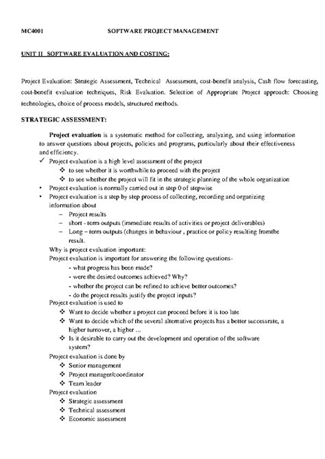 MC4001 SPM UNIT II: Software Evaluation & Costing Techniques - Studocu