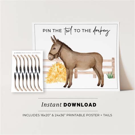 Pin the Tail on the Donkey Kids Party Game Printable Poster, Birthday ...