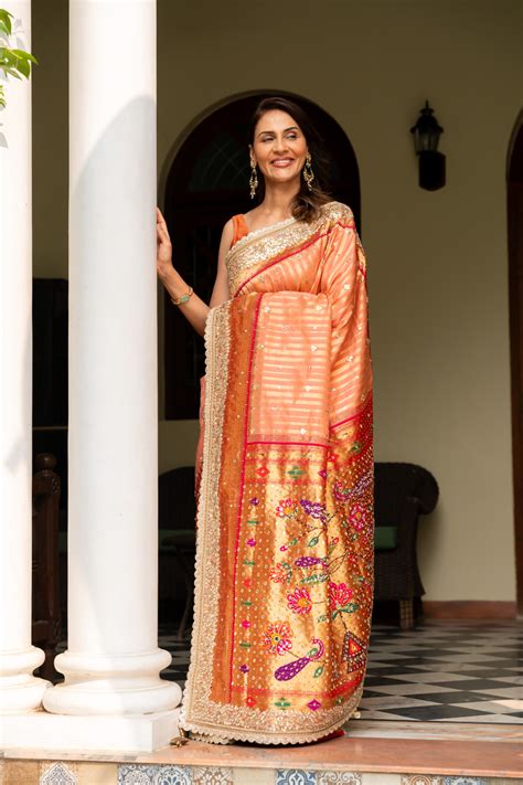 Peach Woven Zari & Mirror, Gotta Patti Banarasi Silk Saree With Unstit ...
