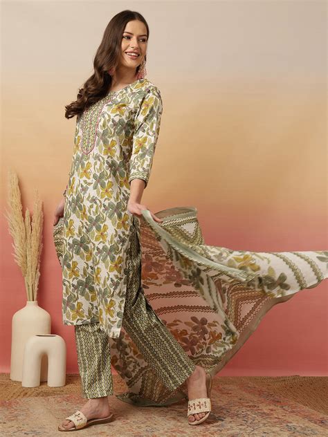 Women Olive Green Printed Yoke Embroidery Kurta with Trouser & Dupatta ...