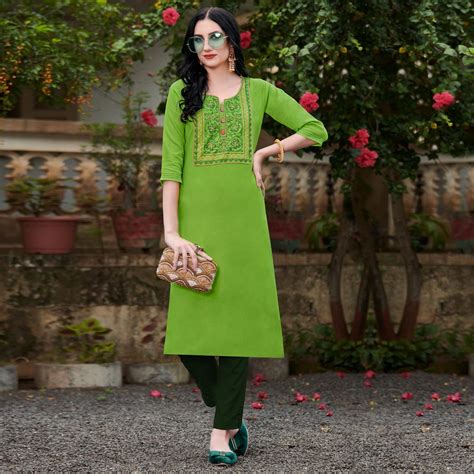 Parrot Green Casual Wear Embroidered Cotton Kurti