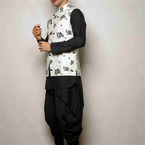 Elegant Black Katan Silk Kurta Set with White Embroidered Nehru Jacket ...