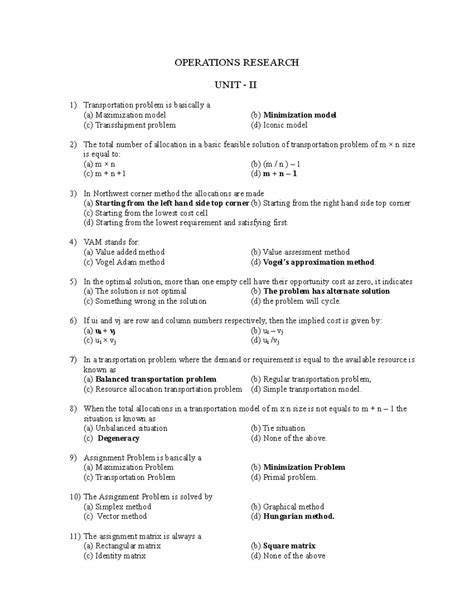 Operations Research - OPERATIONS RESEARCH UNIT - II Transportation ...