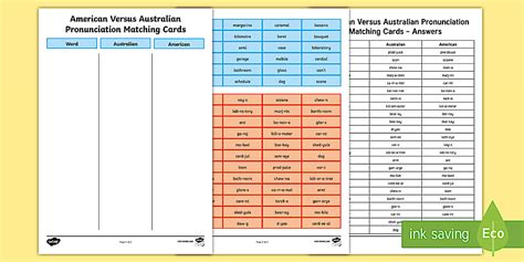 American Versus Australian Pronunciation Matching Cards
