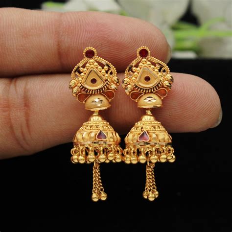 22k Yellow Gold Jhumka Earrings , Handmade Vintage Pure Traditional ...