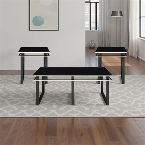 Benjara Zamie 3Pc Coffee And End Table Set, Black Glass Top, Gold ...