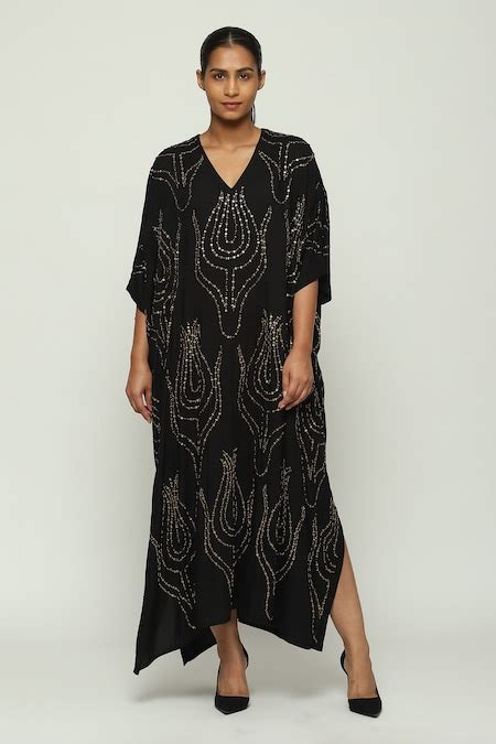 Buy Black Silk Sequins, Beads V-neck Ottoman Tulip Embroidered Kaftan ...