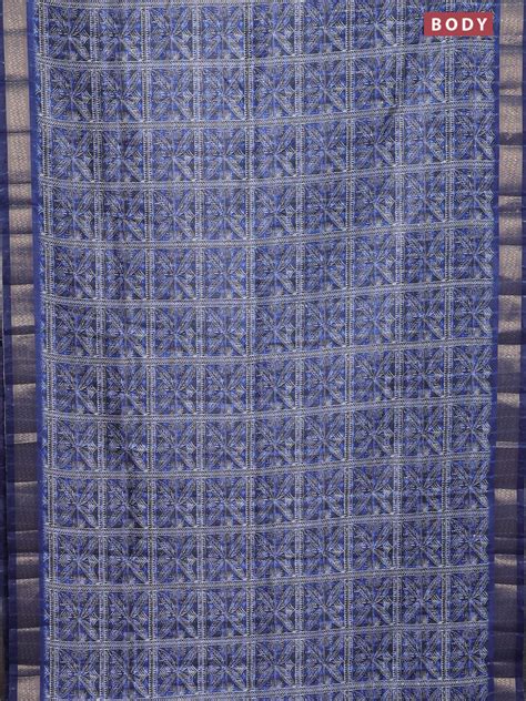 Semi tussar saree blue and grey with allover leaf prints & sequin work ...