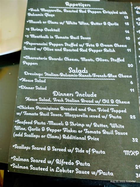 Menu at Piero's Pasta House restaurant, Geneva-on-the-Lake