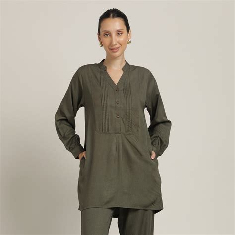 Saltpetre Women's Olive Green Organic Pintuck Tunic