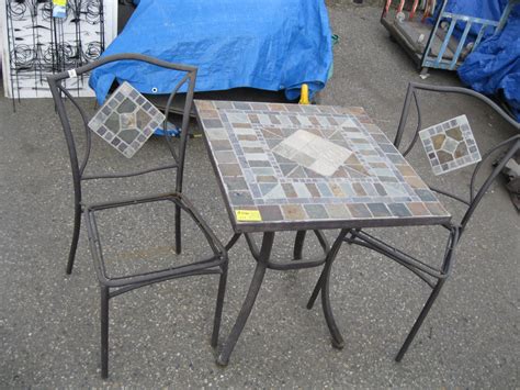 TILE TOP PATIO TABLE & 2 CHAIRS, NEED CUSHIONS FOR SEATS