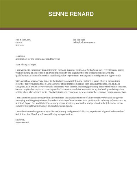 Land Surveyor Cover Letter Example | Kickresume