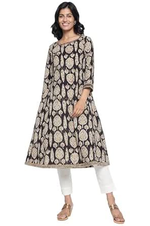 Buy Folksong Women's Black Printed Pure Cotton Flared Kurta (Size: XS ...