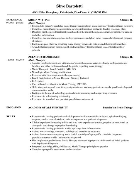 Music Therapist Resume Samples | Velvet Jobs