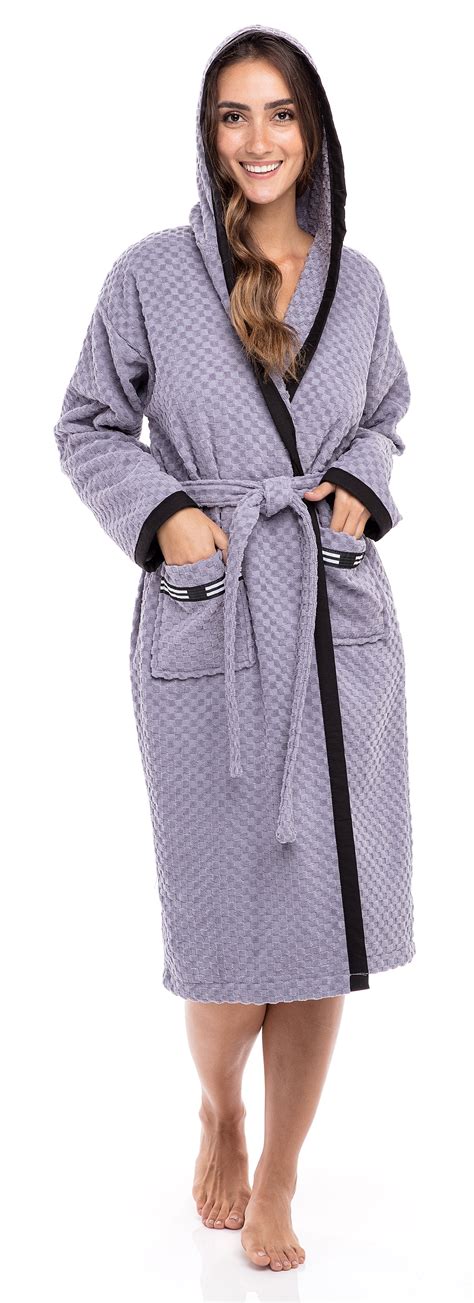 Women’s Waffle Weave Robe Ladies Hooded Bathrobe 100% Terry Cotton Spa ...