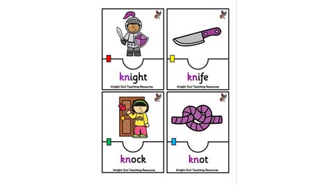 Words beginning with 'kn' Matching Cards