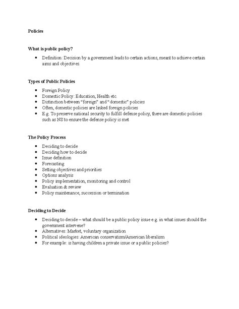 Policies - Notes from readings and lecture slides - Policies What is public policy? Definition ...