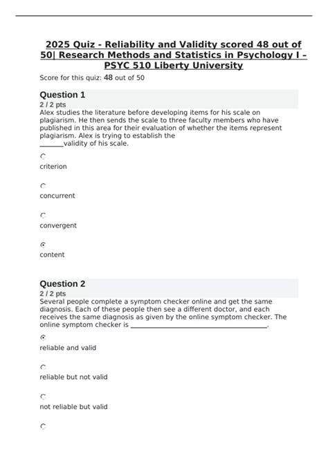 2025 Quiz - Reliability and Validity scored 48 out of 50| Research ...