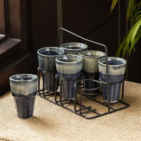 ExclusiveLane Stoneware Tea Glasses Set of 6 with Iron Holder ...
