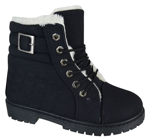 WOMENS LADIES FLAT FUR LINED GRIP SOLE WINTER ARMY COMBAT ANKLE BOOTS ...