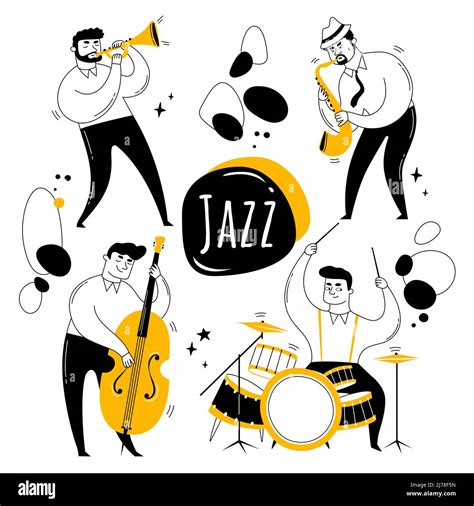 Jazz band. Musicians play instruments: trumpet, saxophone,double bass ...