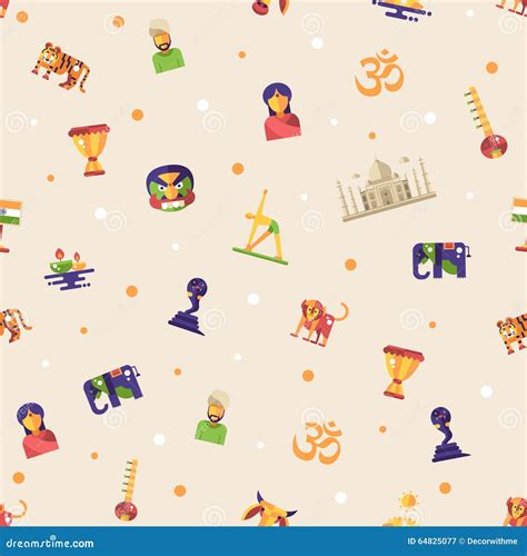 Flat Design India Travel Pattern with Famous Indian Symbols Icons Stock ...