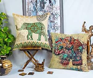 Buy STITCHNEST Elephant Printed Jute Cushion Cover, 24 X 24 Inches, Set ...