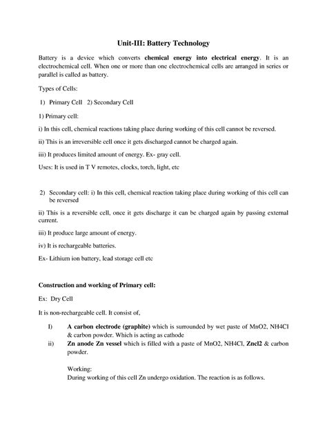 Unit-3-Battery Technology - Unit-III: Battery Technology Battery is a ...