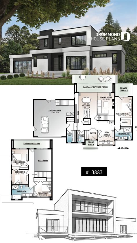 two story house plan with three levels and an open floor plan for the ...