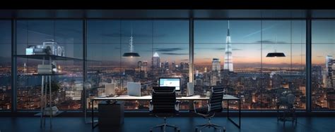 Spacious modern office overlooking city skyline at dusk | Premium AI ...