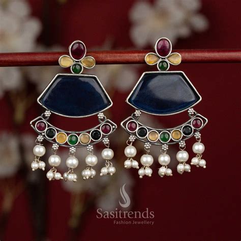 Antique Oxidised Silver Pearl Tassel Crescent Earrings – Sasitrends