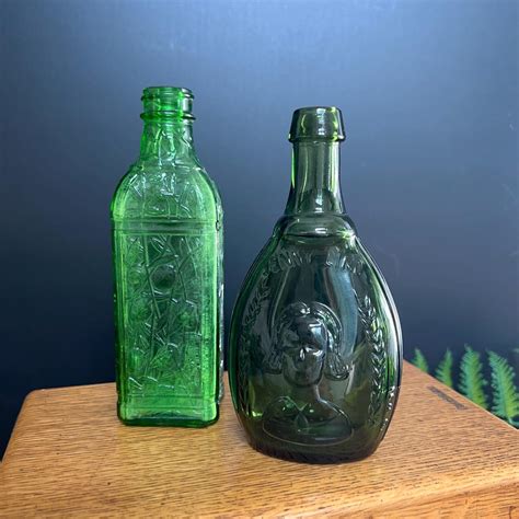 Pair of Vintage Green Glass Bottles – Embossed Jenny Lind Bottle ...