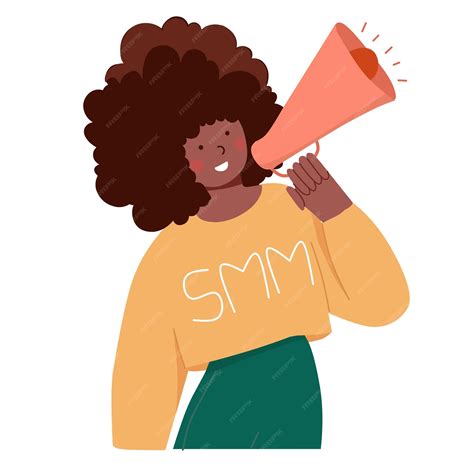 Social media management concept with girl holding megaphone attracting ...