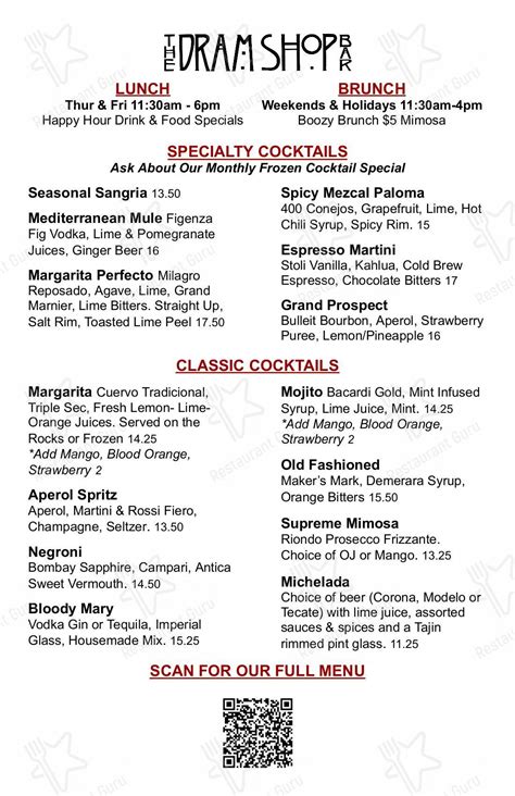 Menu at The Dram Shop Bar, New York City