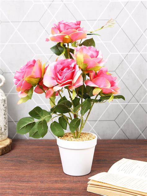 Buy | Peach & Green Rose Flowers & Plant With Ceramic Vase | Tied Ribbons