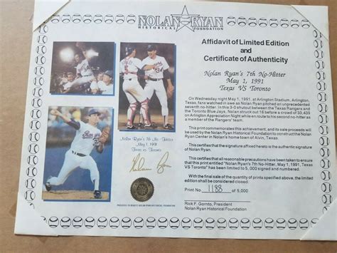 Nolan Ryan Signed Autograph 7th No Hitter Photo LE - COA Nolan Ryan ...